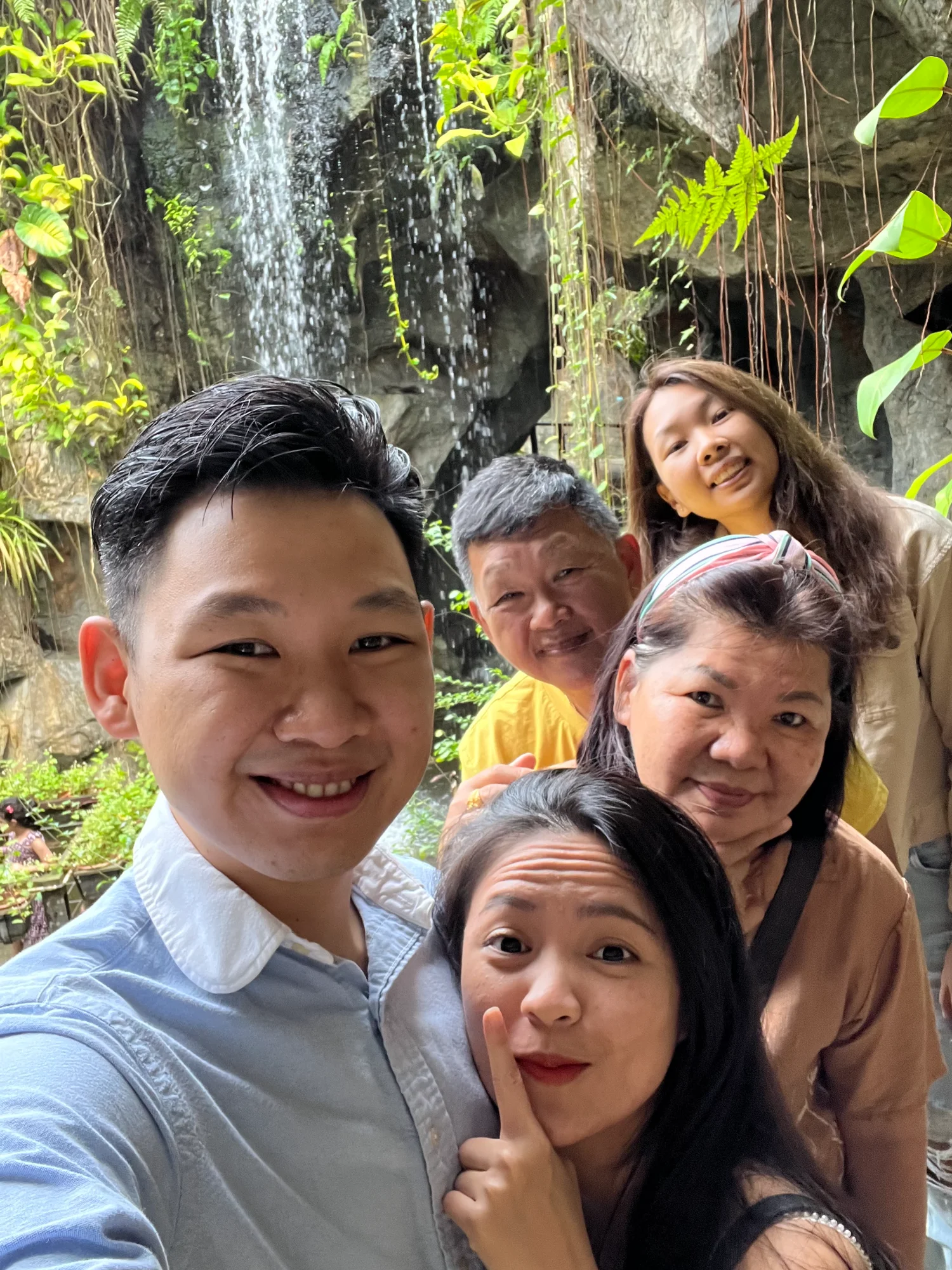 Family at waterfall